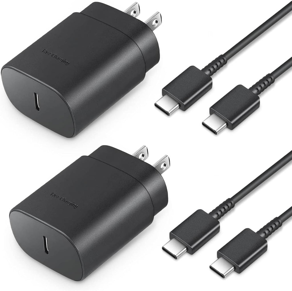 Two black USB-C wall chargers with two-prong plugs and USB-C connectors