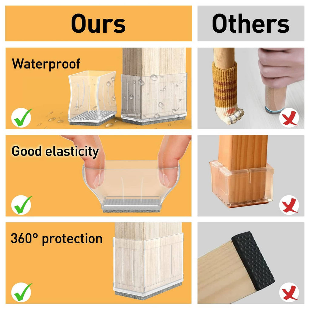 Set of clear chair leg protectors shown for waterproof, flexible protection