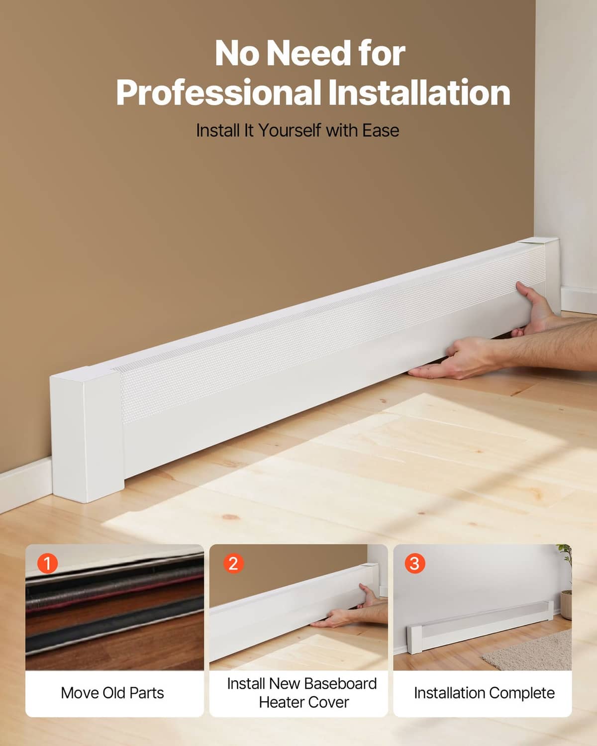 White baseboard heater cover being installed by hand on a wall baseboard