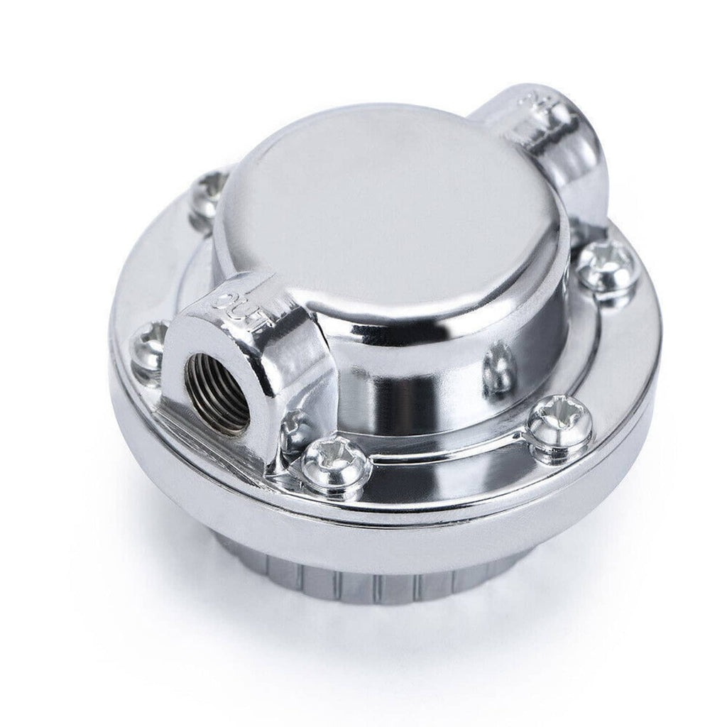 Adjustable fuel pressure regulator with polished chrome cap and threaded fuel inlet