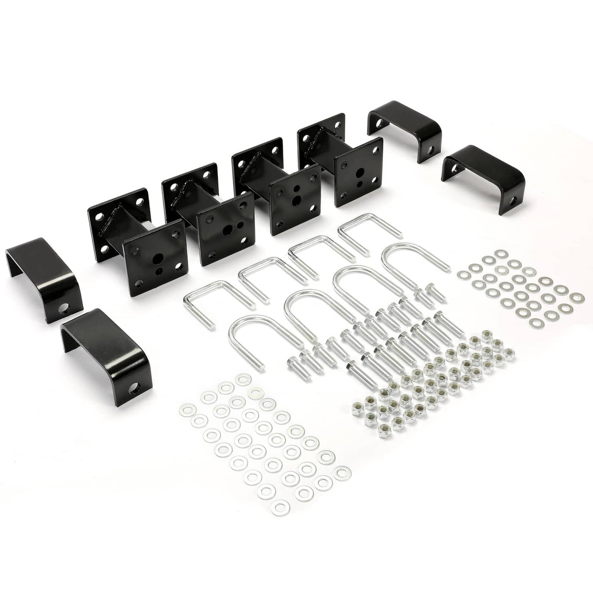 4 in block lift kit for golf cart: black steel blocks, brackets, and mounting hardware