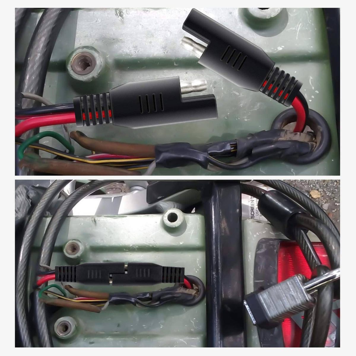 SAE extension cable connectors plugged into vehicle wiring, red and black leads