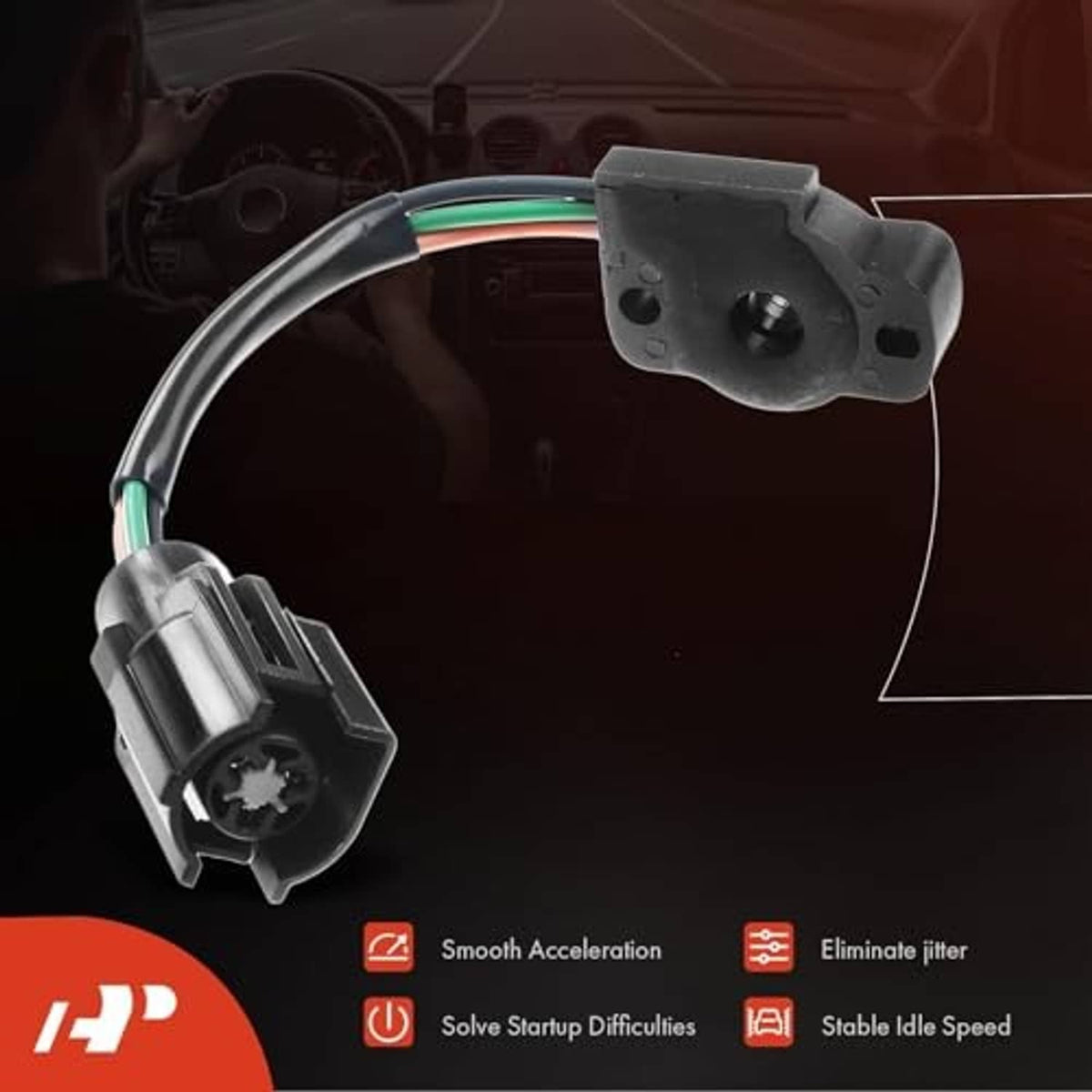 Throttle position sensor with black connector and green-striped wire harness