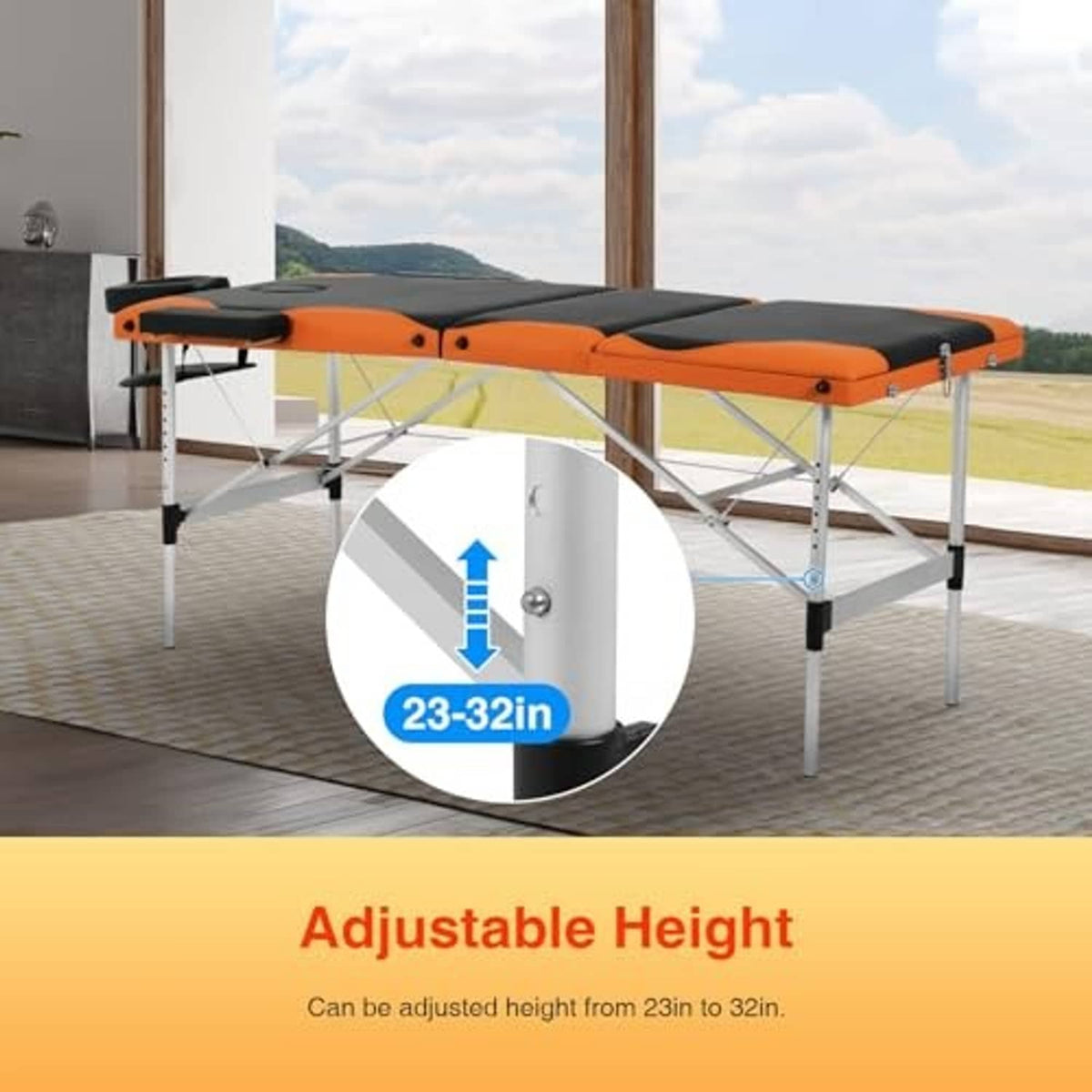 Orange and black adjustable massage table with padded headrest and arm support, height-adjust legs