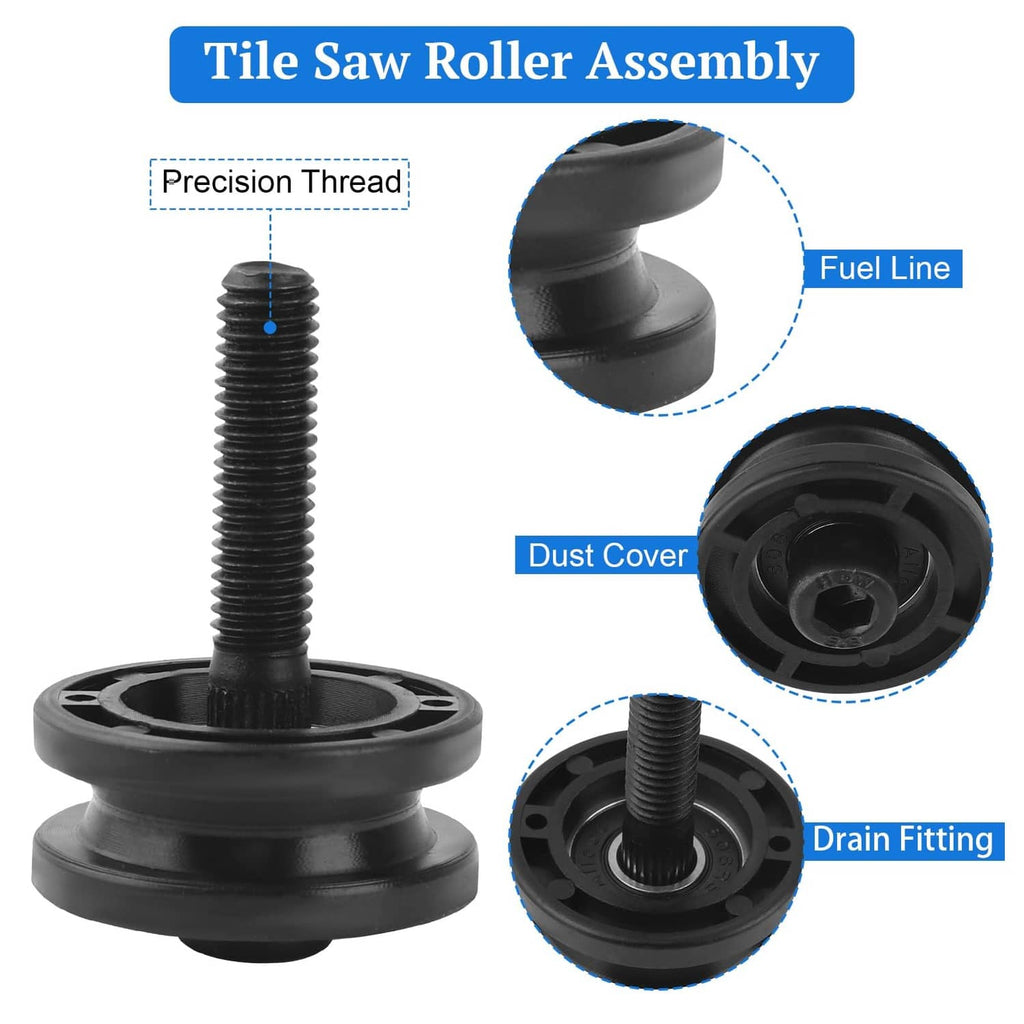 Black tile saw roller assembly with dust cover, fuel line, and drain fitting details