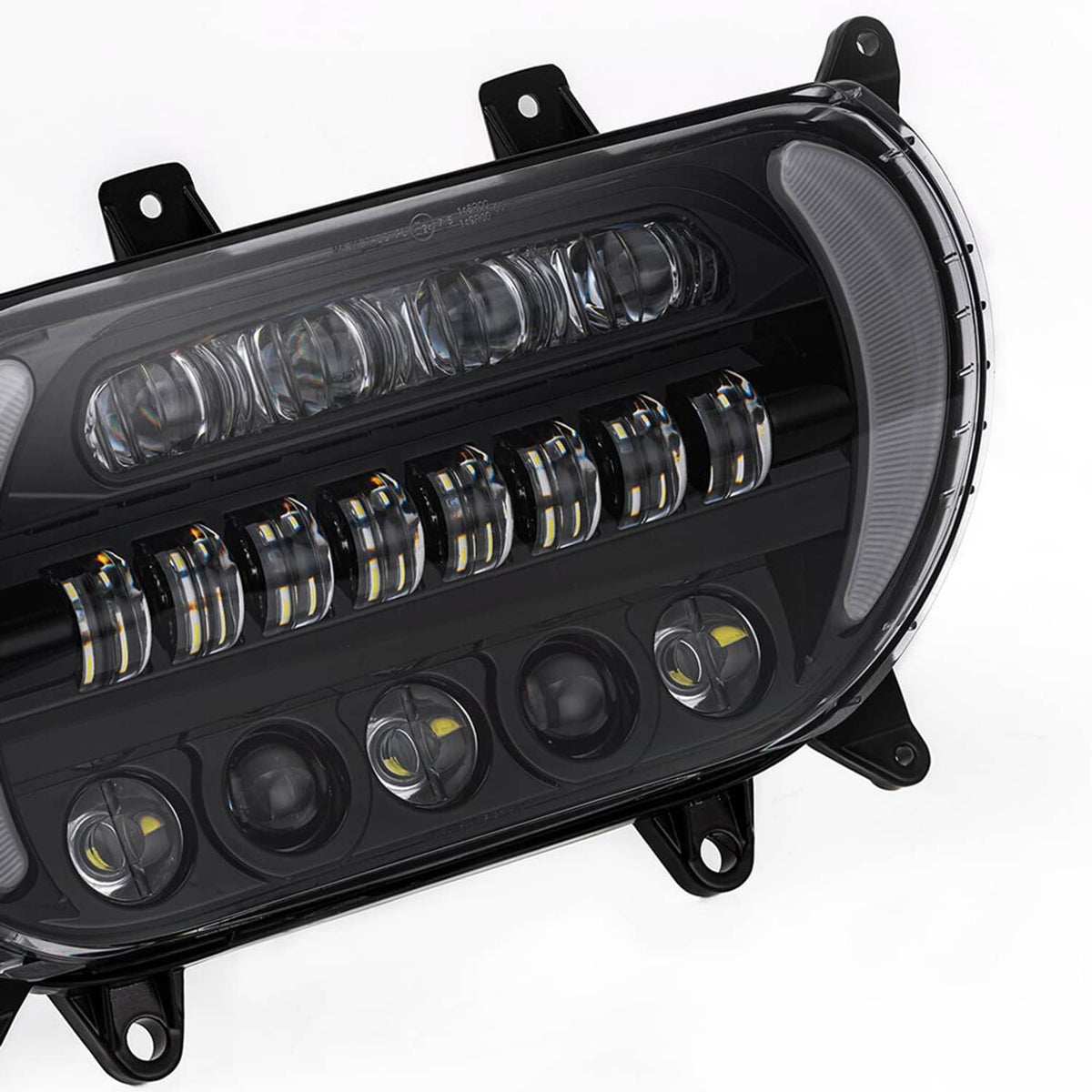 Black LED headlight housing with long projector lens and multi-row LED strip details