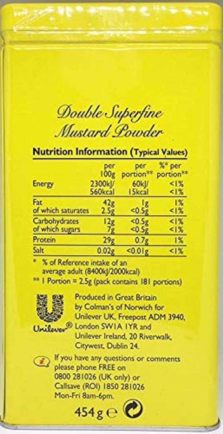 Colman's dry mustard powder tin back with nutrition facts panel