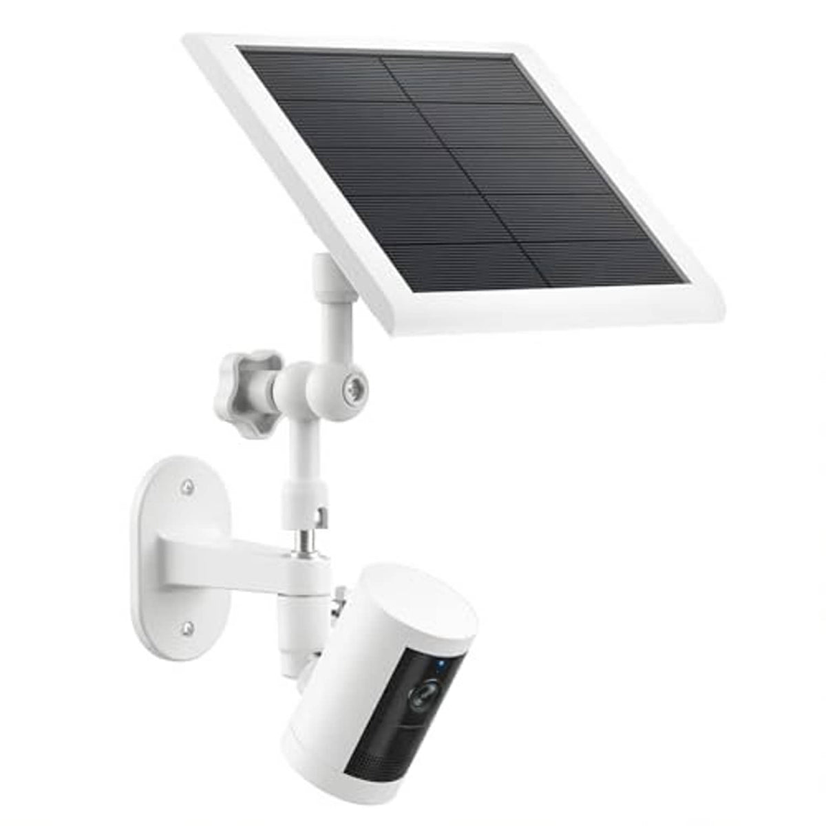 White solar panel mount with adjustable arm and rotating camera holder