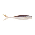 Soft plastic shiner minnow lure, pale white body with brown speckles and fork tail