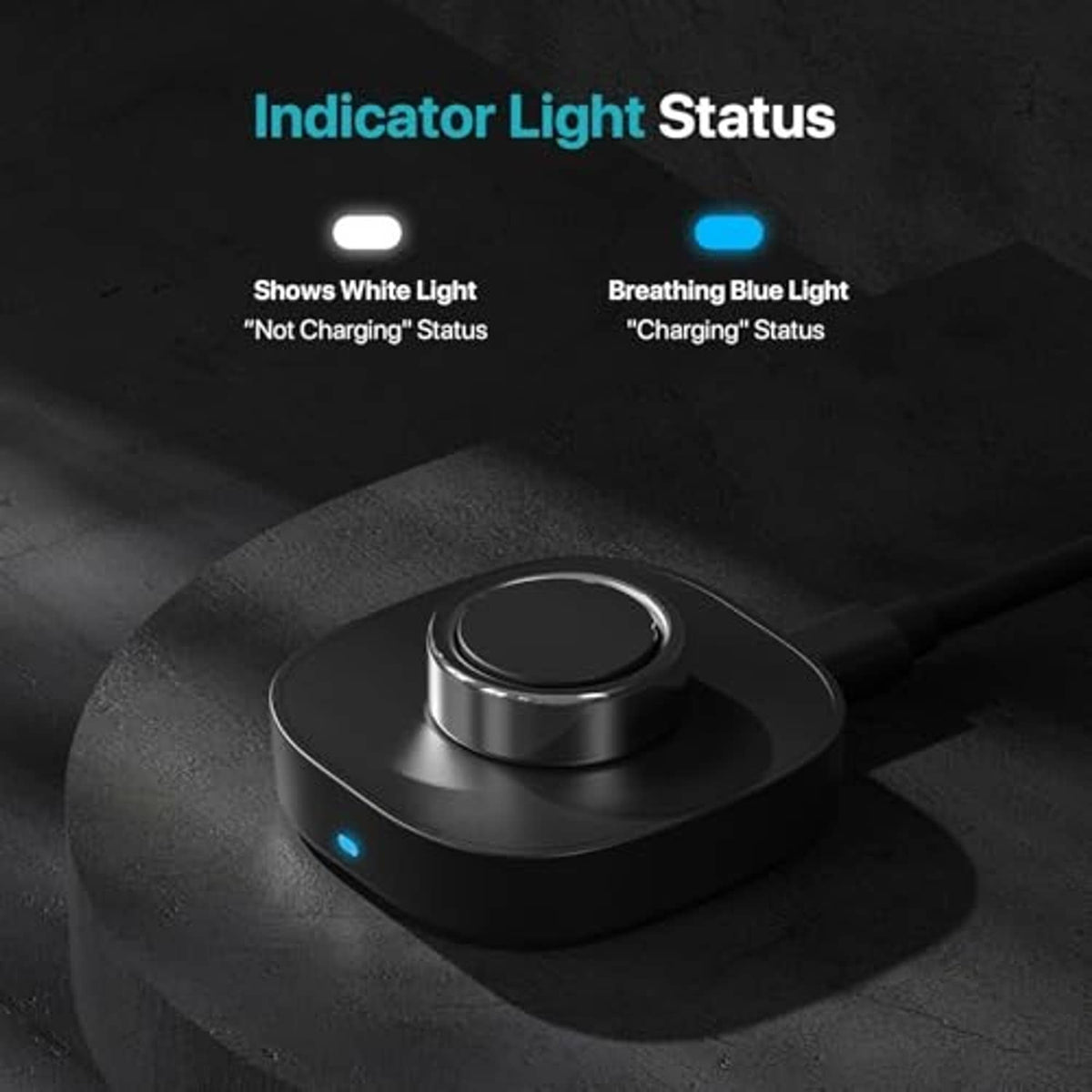 Black ring charging dock with glowing status light and attached cable
