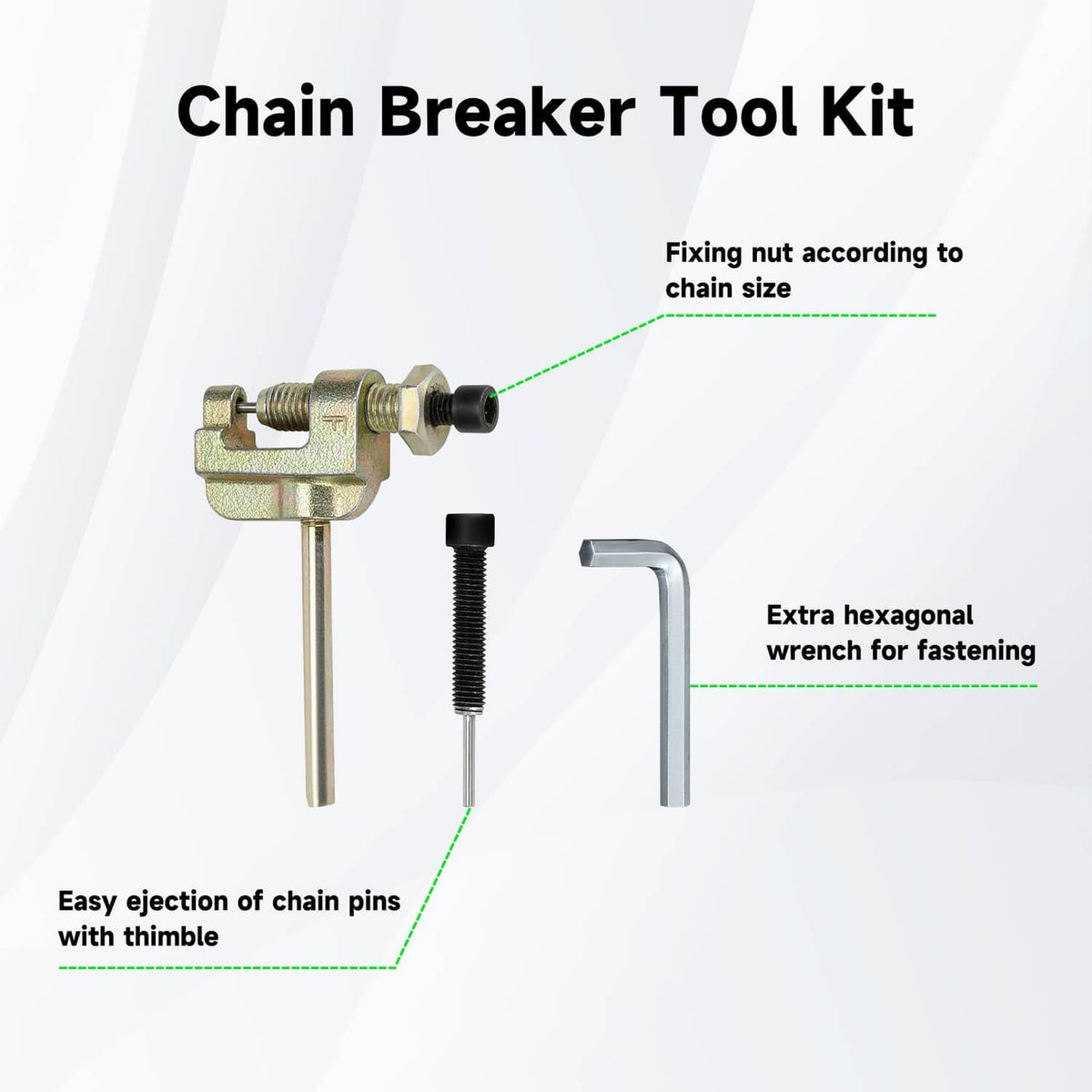 Chain breaker tool kit with hex wrench for removing drive chain master links