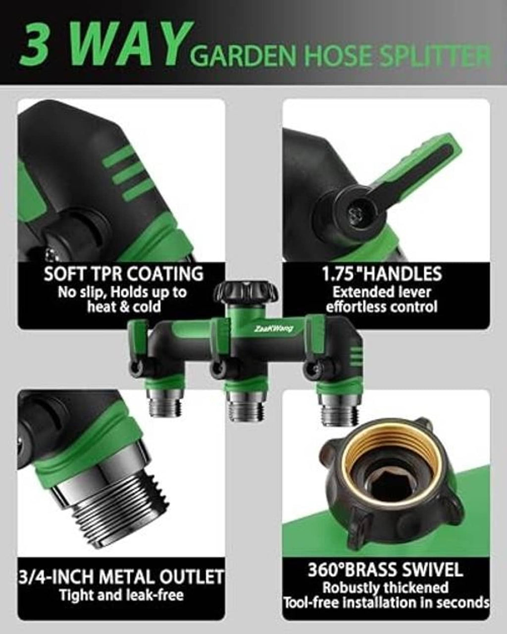 3-way hose splitter with soft TPR coating, extended levers, and 360 brass swivel