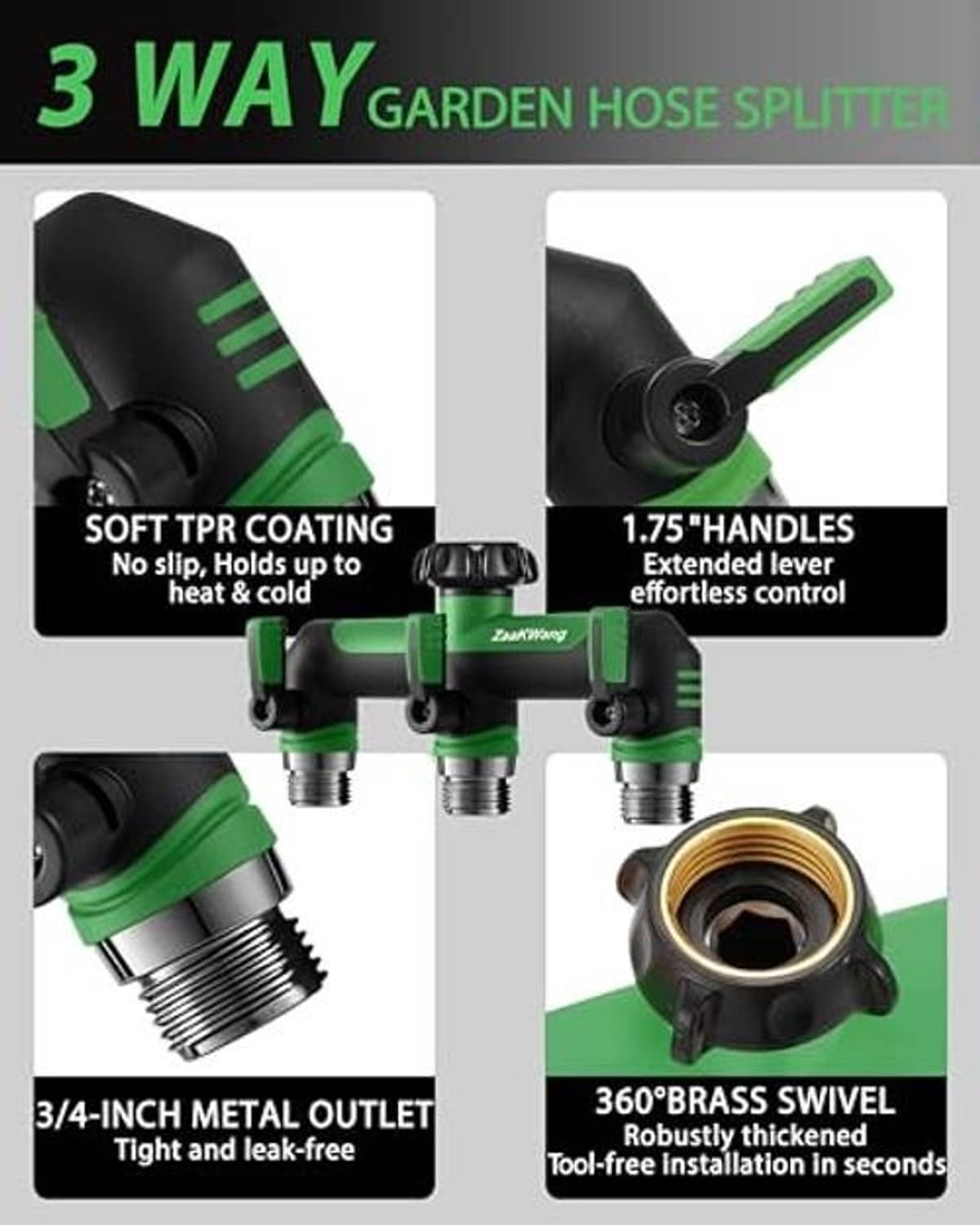 3-way hose splitter with soft TPR coating, extended levers, and 360 brass swivel