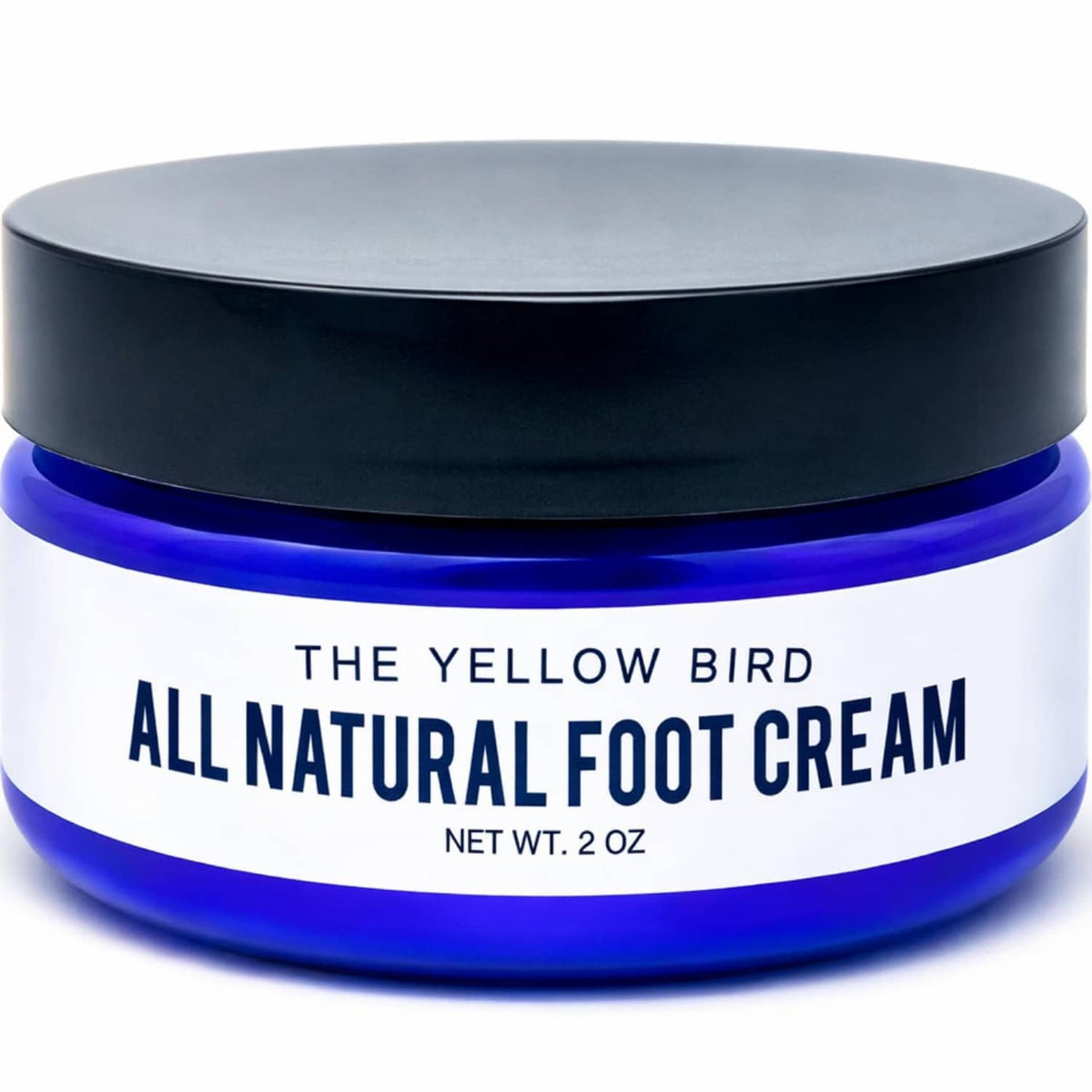Foot cream jar with blue lid and blue base, white label for The Yellow Bird