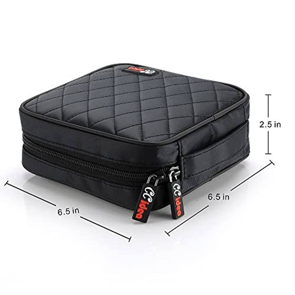 Black quilted CD/DVD case with zipper closure and compact rectangular shape
