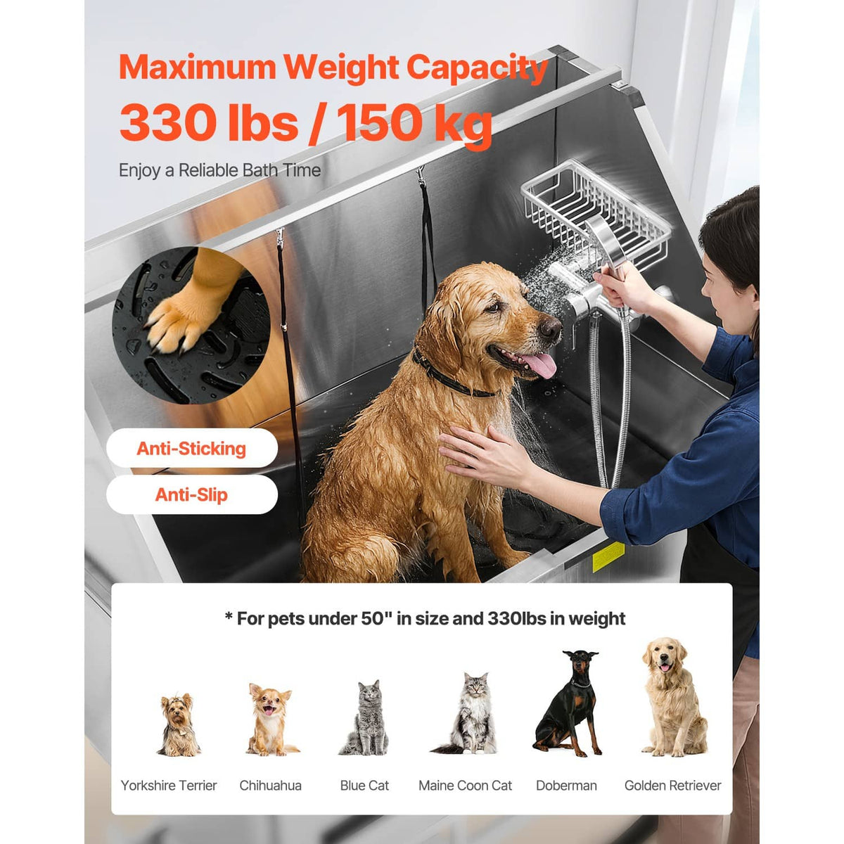 Stainless steel pet grooming bath tub with hand shower and drying spray for dog