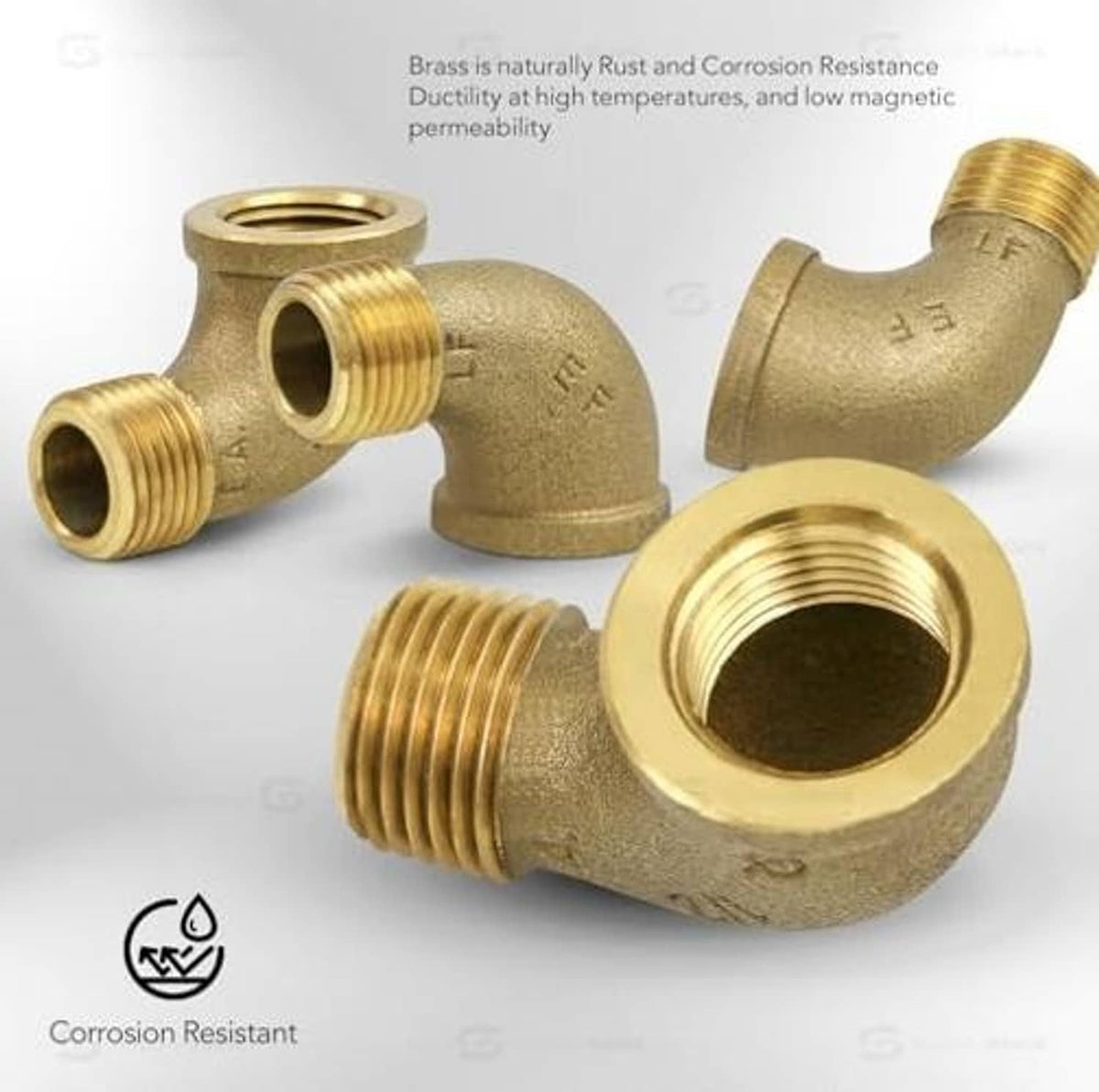 Brass 90-degree street elbow fittings shown from multiple angles with threads