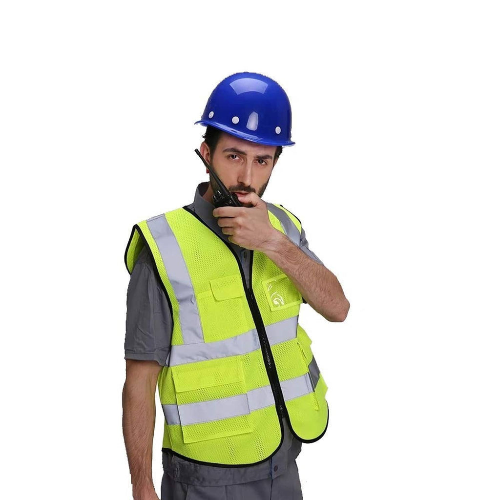 High-visibility neon mesh safety vest with silver reflective stripes and black zipper