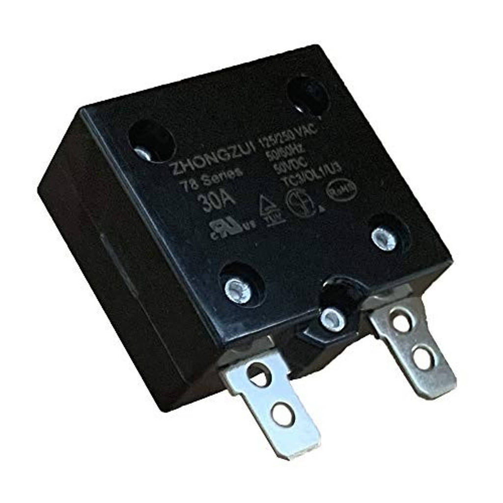 Black automatic reset relay fuse module with three mounting terminals and metal blades