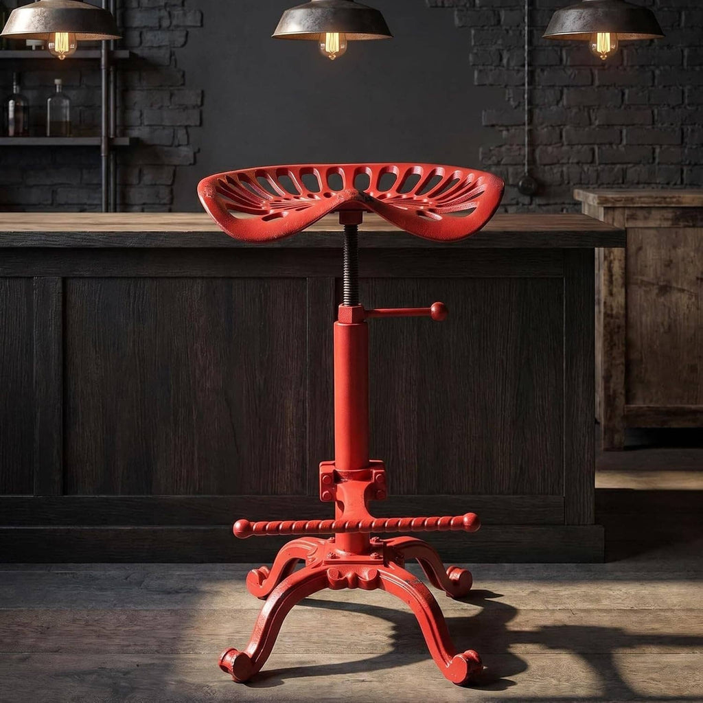 Red tractor-seat adjustable bar stool with height lever and metal footrest