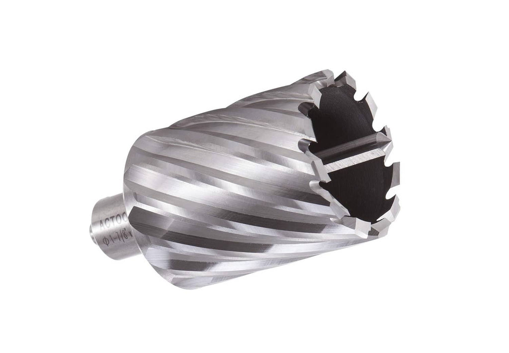 HSS annular cutter, angled view of silver fluted head with serrated rim