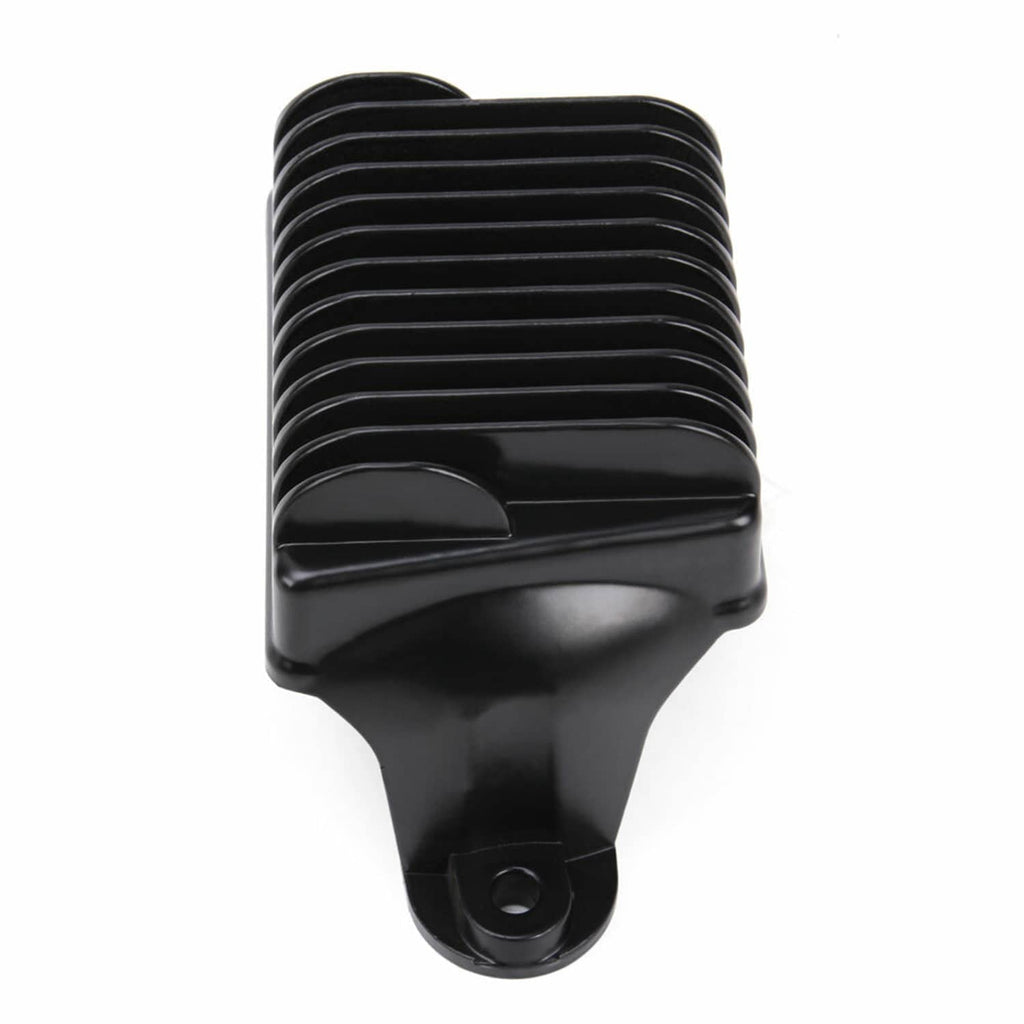 Black voltage regulator rectifier rear view with rounded finned cover