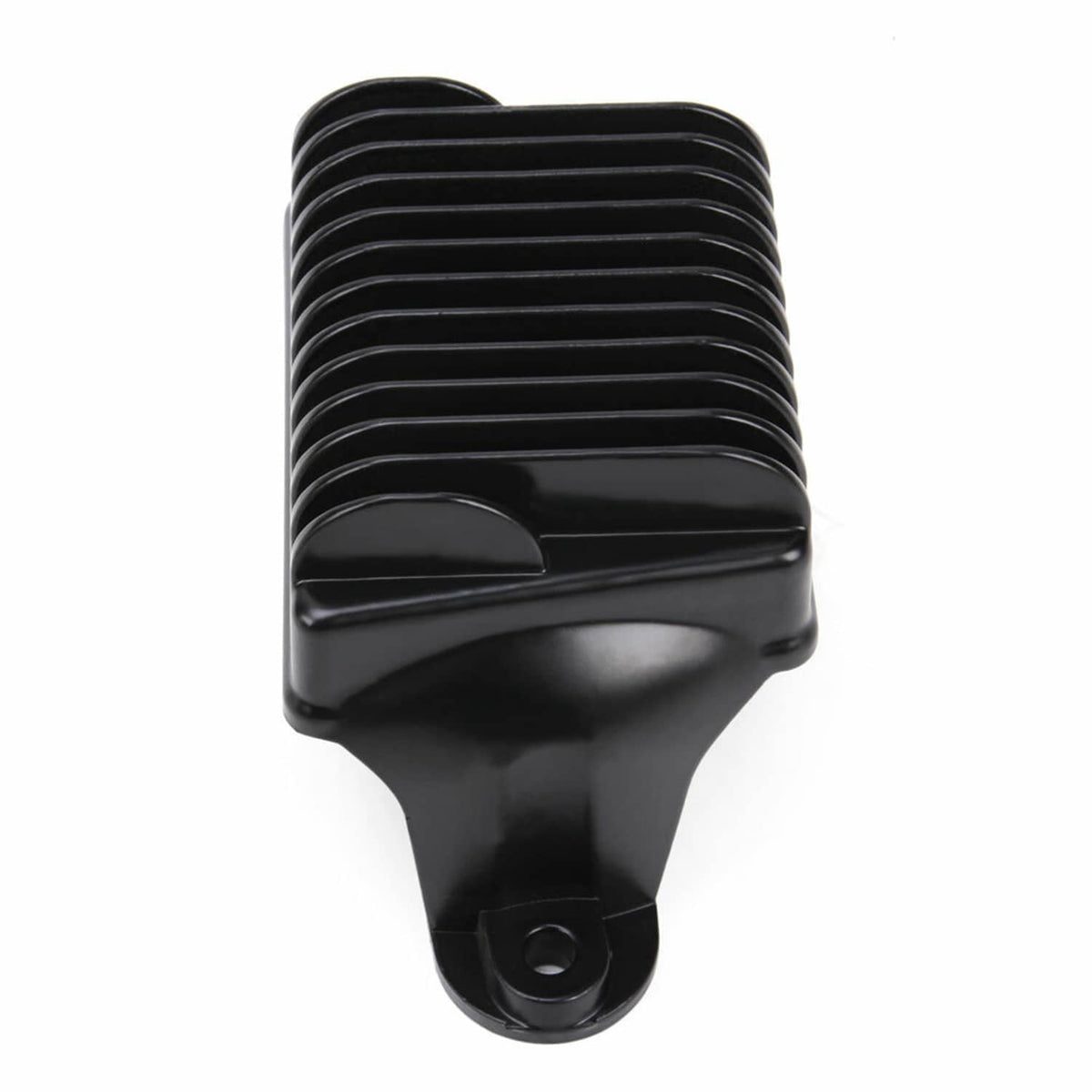 Black voltage regulator rectifier rear view with rounded finned cover