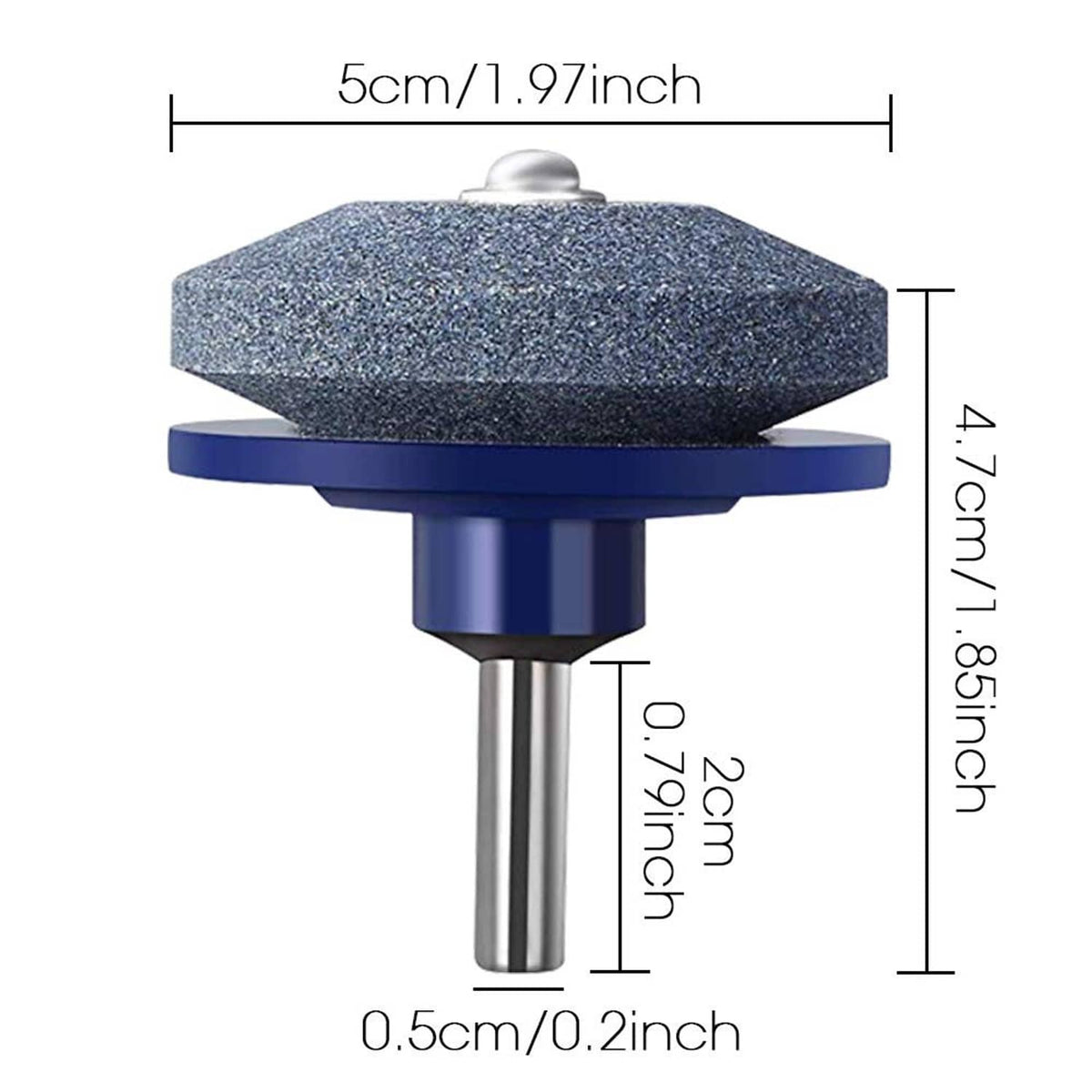 Dark blue lawn mower blade sharpener with round abrasive grinding wheel on metal stem