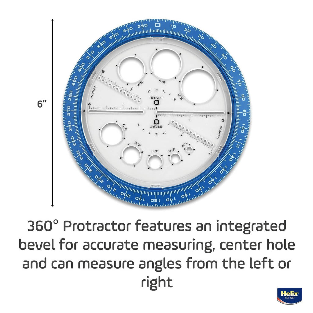 Angle and circle maker with blue ring, 6-inch scale, and built-in circle templates
