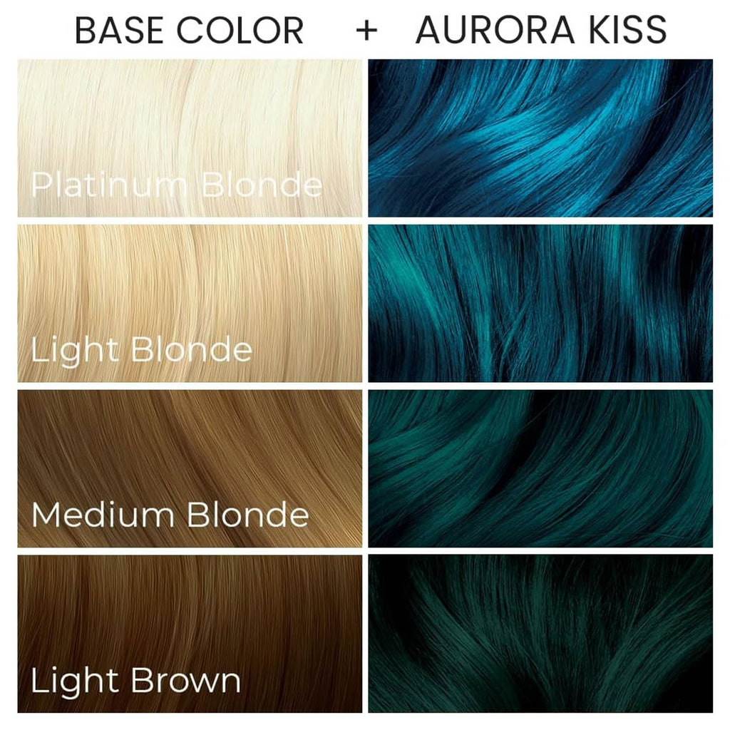 Hair dye shade chart: base colors paired with teal AURORA KISS swatches
