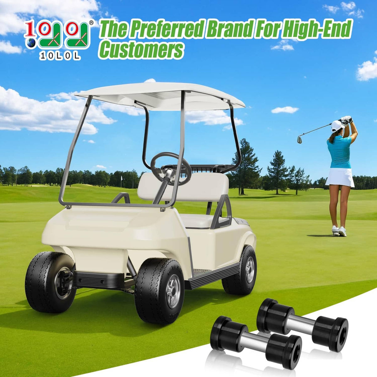 Golf cart with black bushing kit components shown in the foreground inset