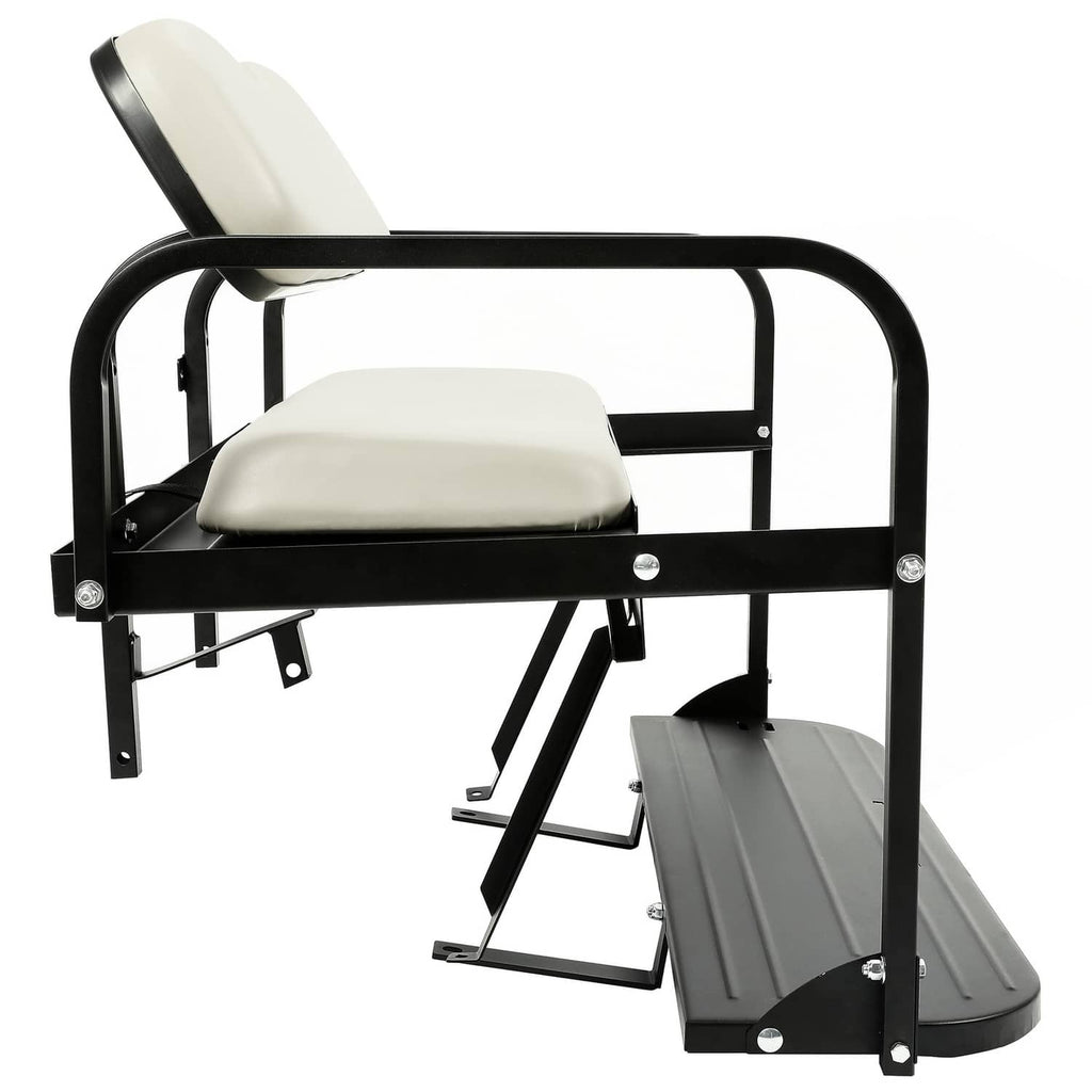 Golf cart flip rear back seat kit with off-white cushions and gray foot steps