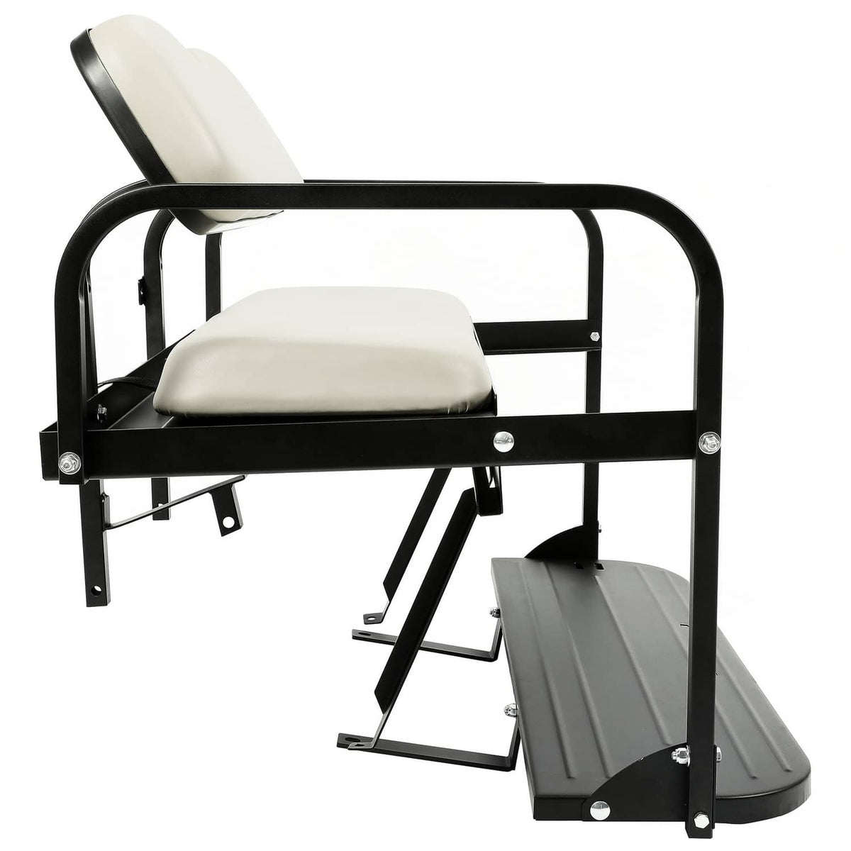 Golf cart flip rear back seat kit with off-white cushions and gray foot steps
