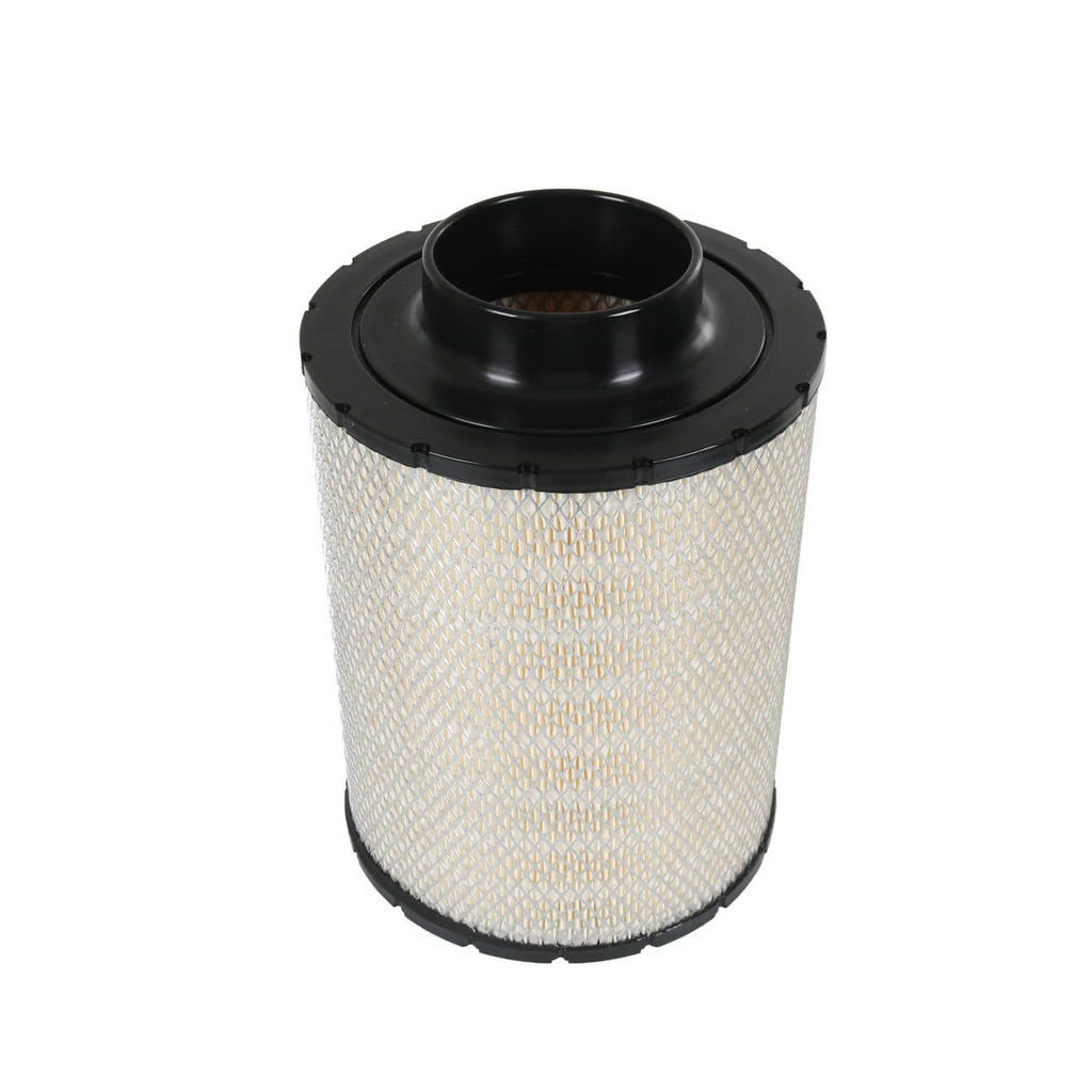 Air filter cartridge angled top opening with black inlet rim and light pleated mesh