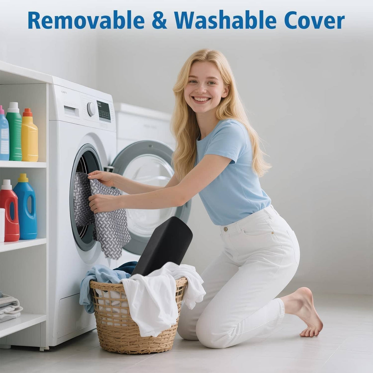 Gray knee pillow with removable textured cover shown near a front-load washer