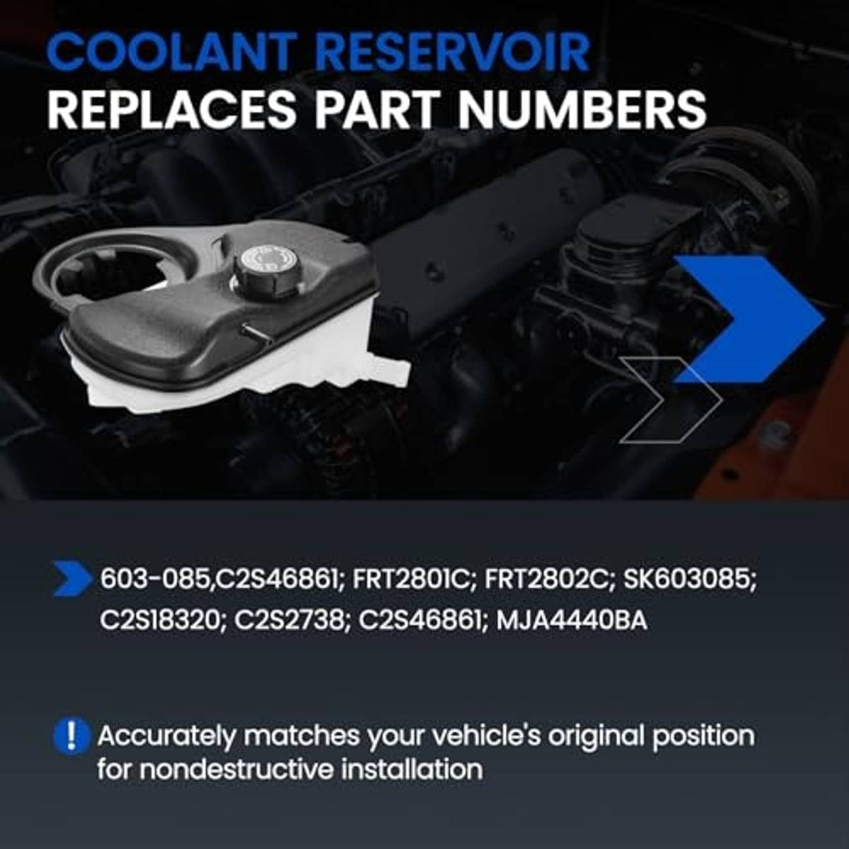 Coolant reservoir tank installed in engine bay with black cap and connected hose