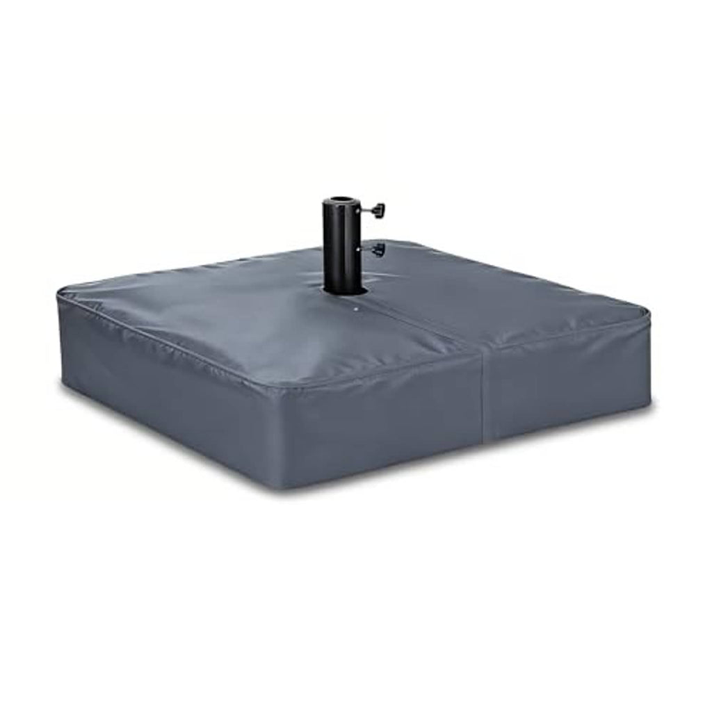 Grey umbrella base cover with black pole opening, tailored corners and boxy fit