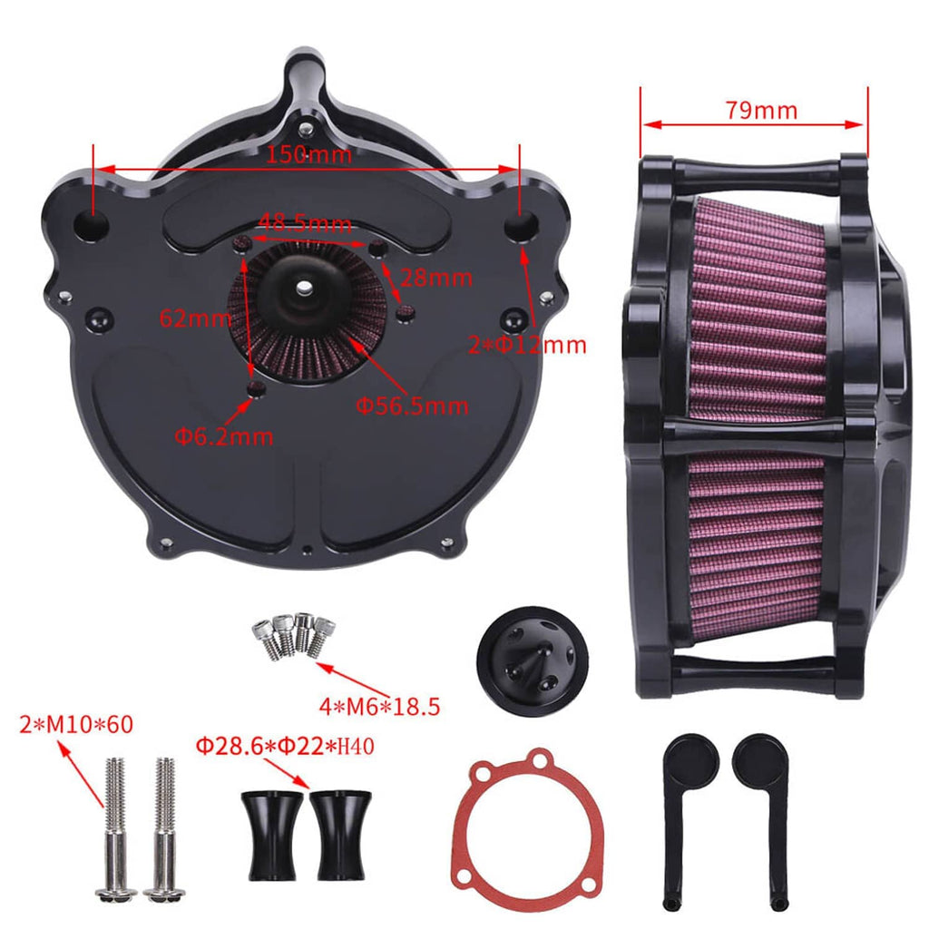 Air cleaner intake filter kit parts layout with red gasket and size callouts