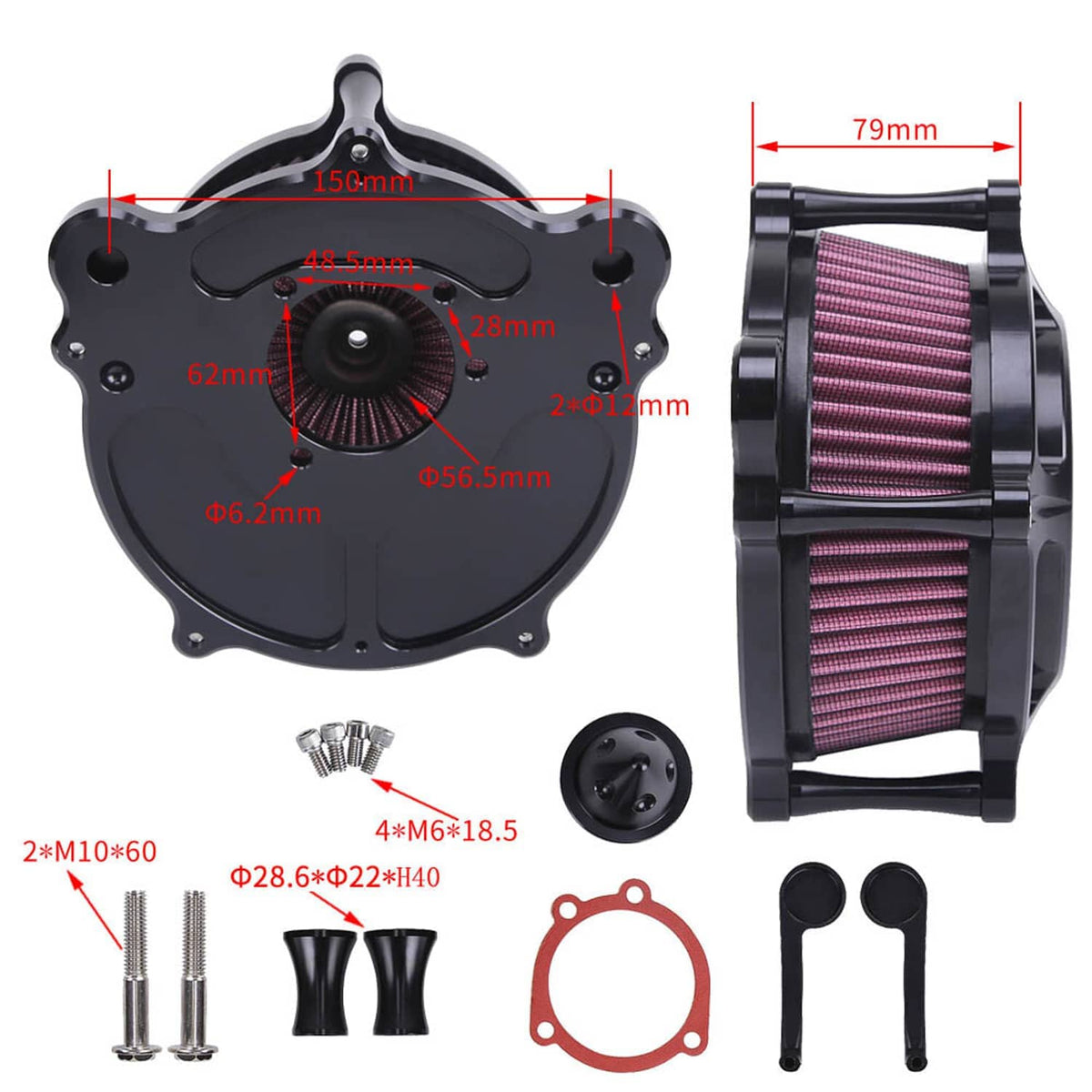Air cleaner intake filter kit parts layout with red gasket and size callouts