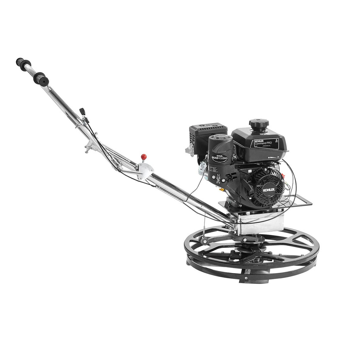 Walk-behind power trowel with long handle bar, onboard engine, and circular blade disk, side view