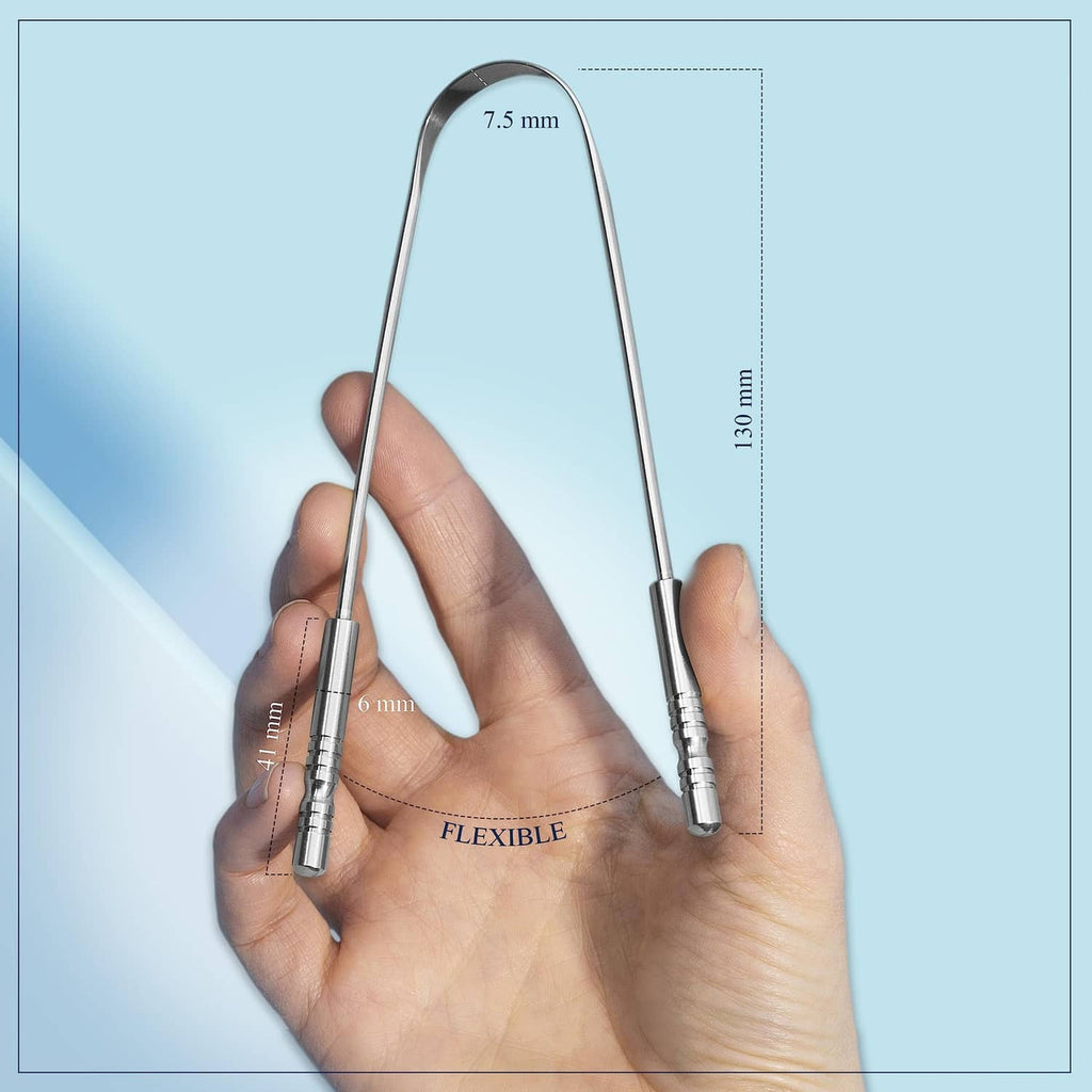 Flexible stainless steel tongue scraper held in hand, showing size markings.