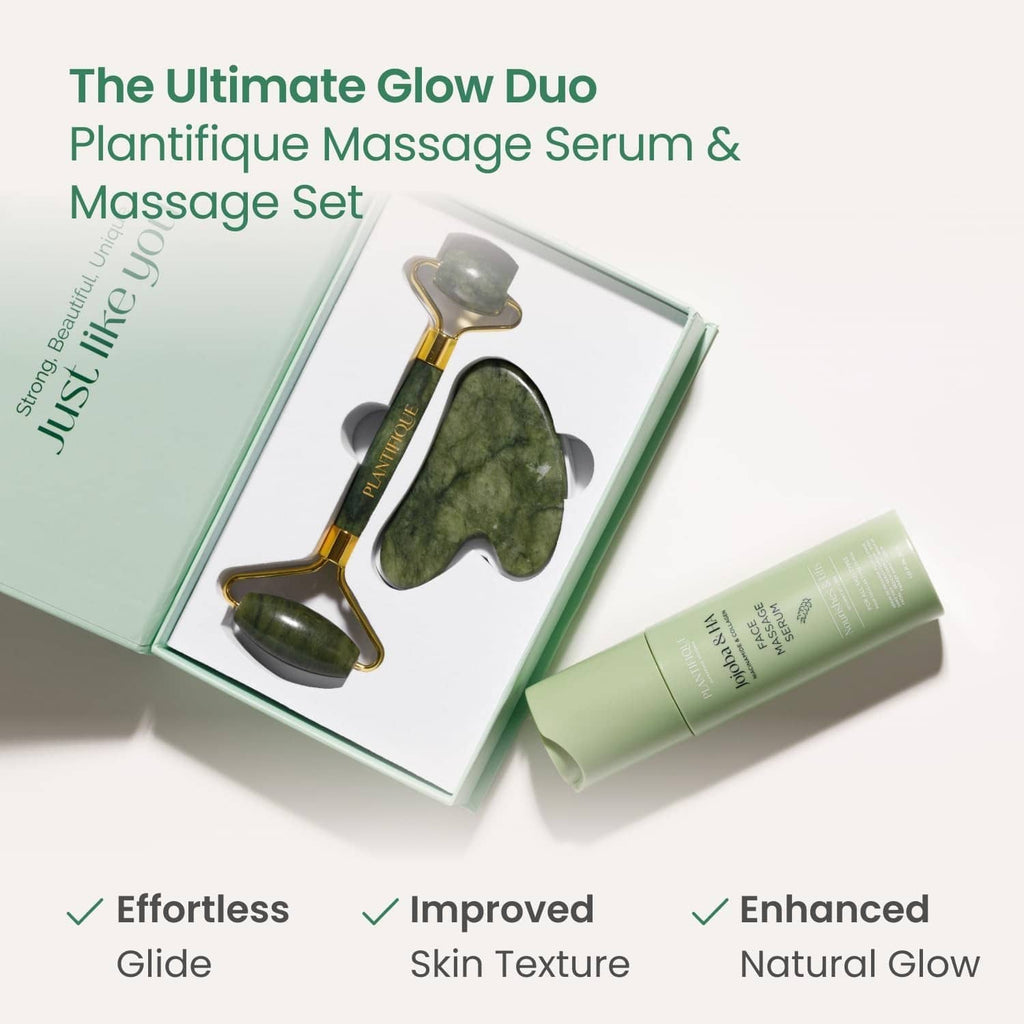 Green jade gua sha and roller tools in open box
