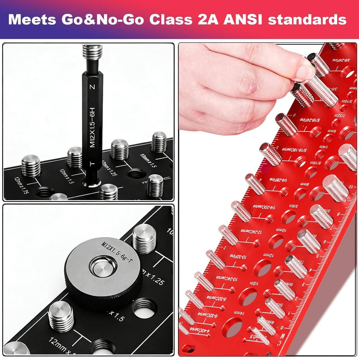 Red nut and bolt thread checker plate with threaded bolts arranged in holes