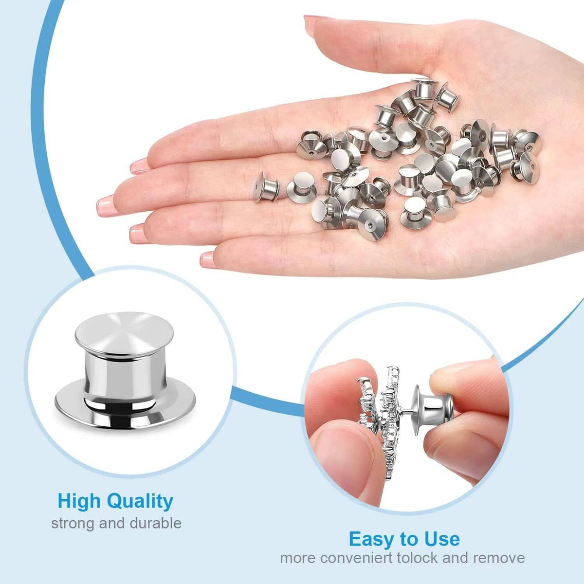 Silver locking pin back clasps held in hand, with small round caps and pin posts.