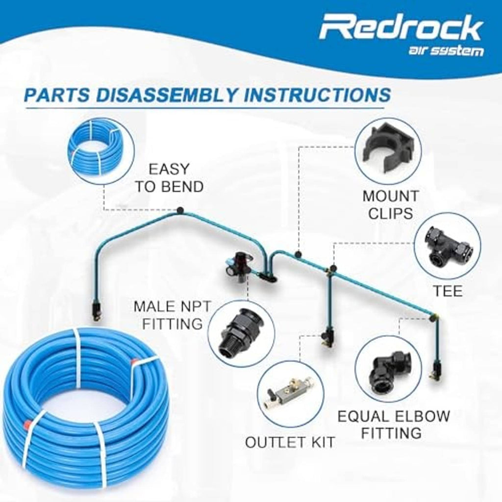 Compressed air system parts diagram with blue hose and multiple connectors