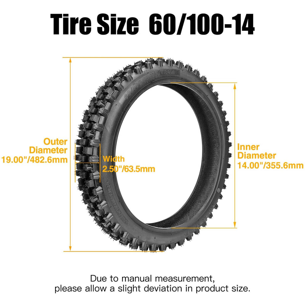 60/100-14 knobby tire size diagram showing outer diameter and inner diameter.