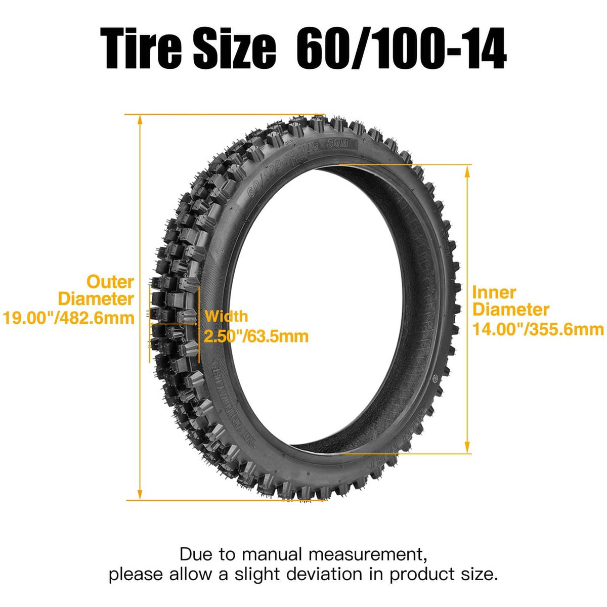 60/100-14 knobby tire size diagram showing outer diameter and inner diameter.