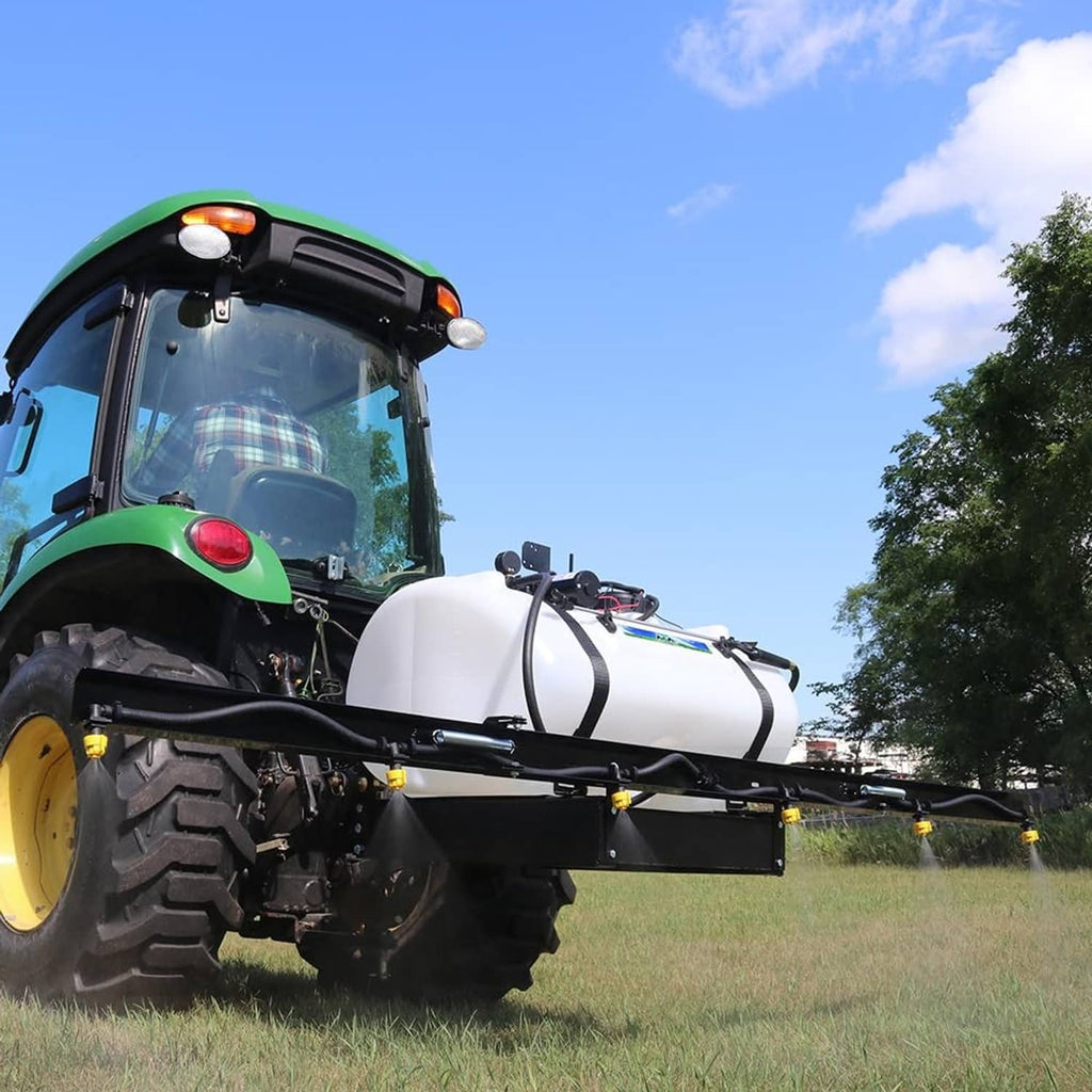 Sprayer unit with black diaphragm pump and white tank mounted on tractor