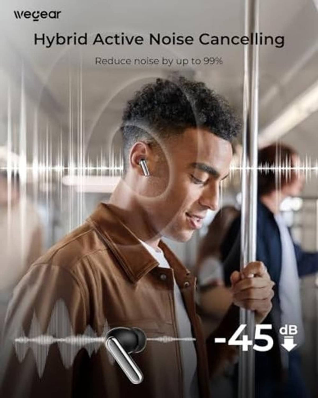 Black wireless earbuds on a person with translucent sound-wave effects.
