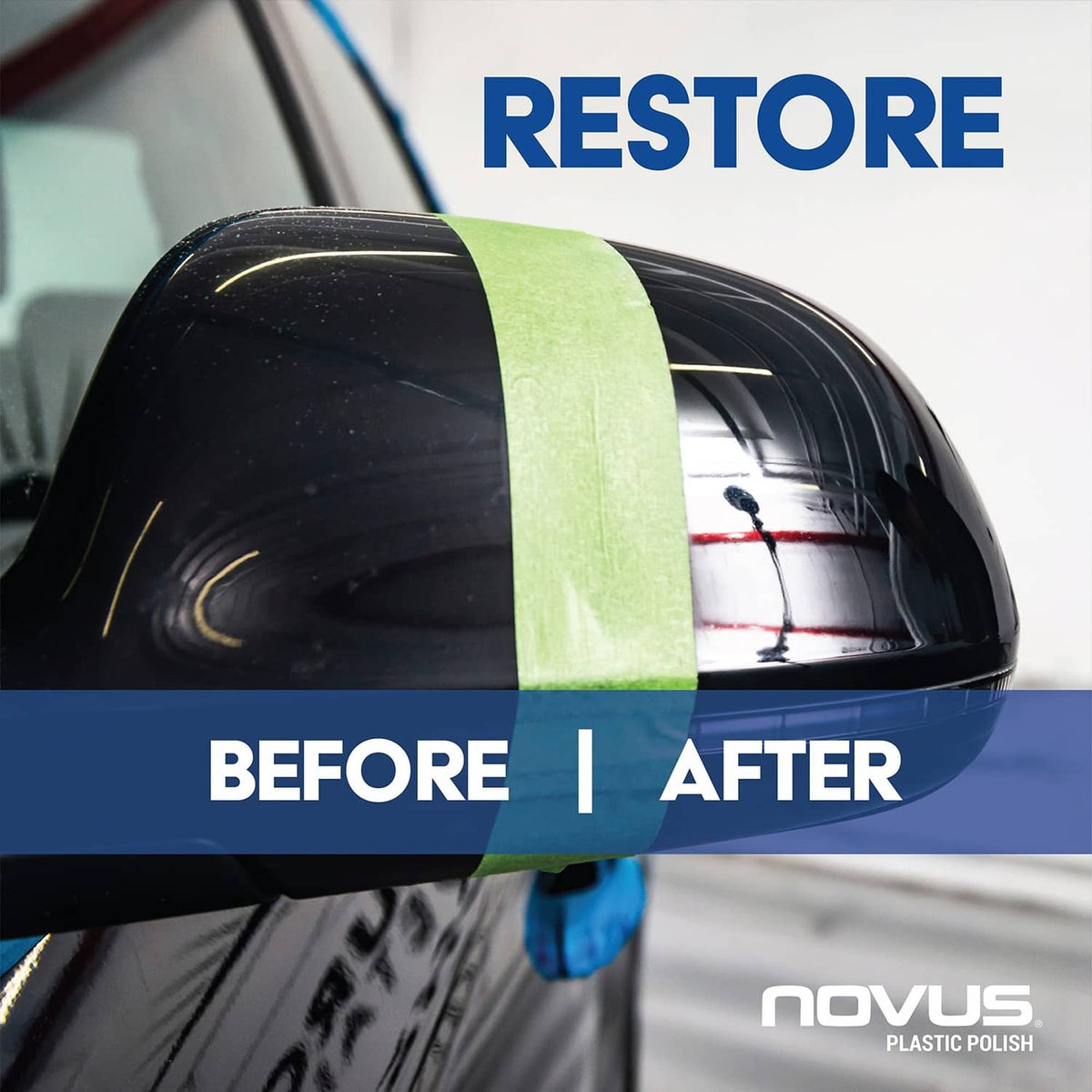 Black headlight with green tape showing before and after polishing effect
